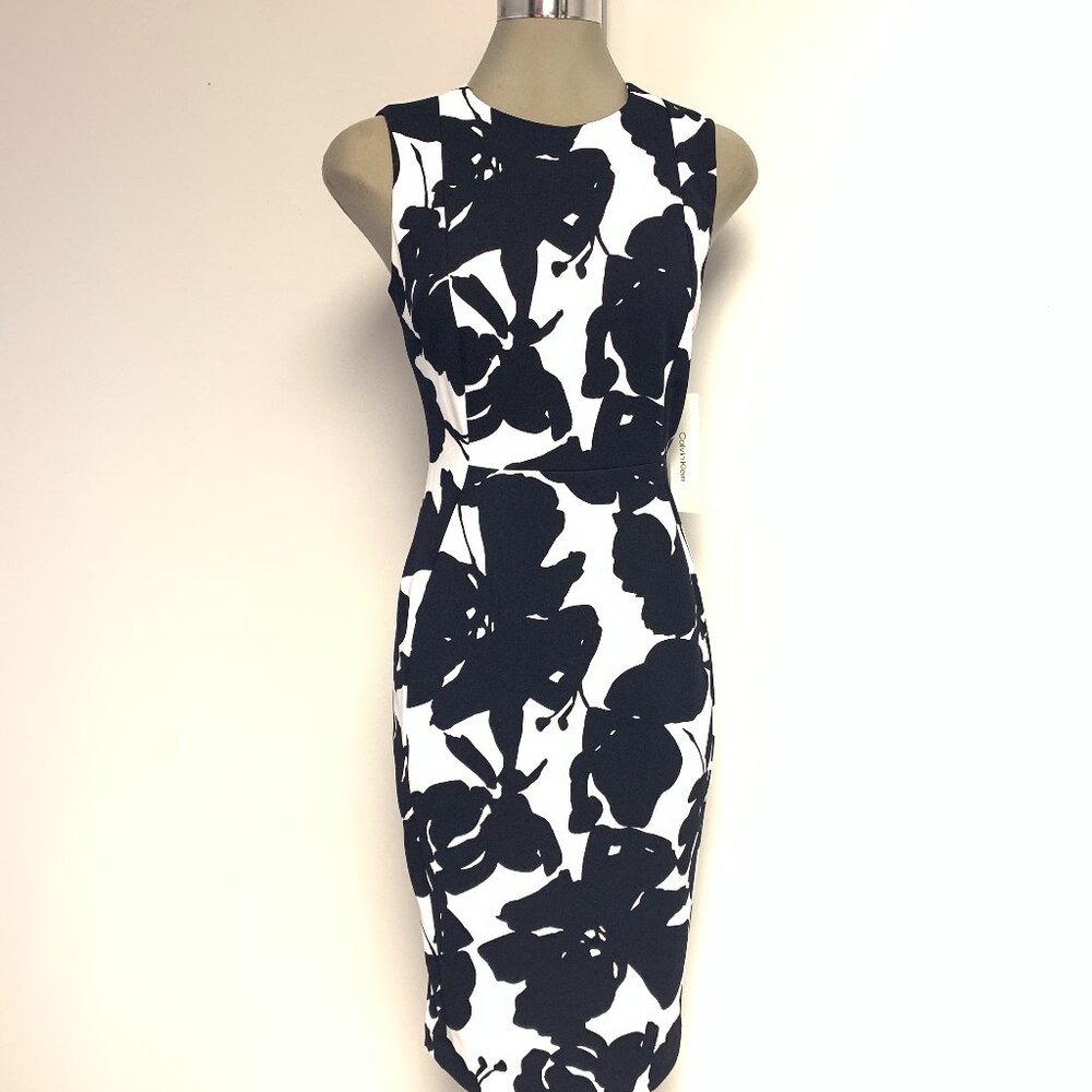 New Calvin Klein Elegant Women's Indigo Navy White Princess Seamed Sheath Dress